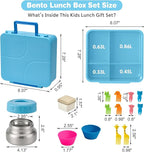 Bento Lunch Box with 9.5 oz Soup Thermo, Kids Leakproof 4 Compartments Bento Box with Silicone Cupcake,Fruit Fork,Spoon and Sauce Cup,Insulated Food Jar for School Travel-Blue