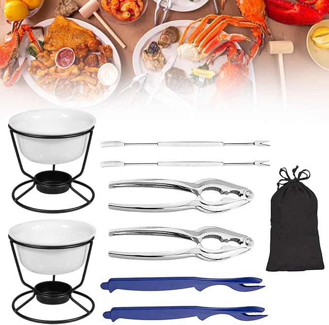 Crab Leg Crackers Seafood Tools Set includes 2 Crab Crackers, 2 Lobster Shellers, 2 Crab Leg Forks/Picks and 2 Butter Warmers for Seafood