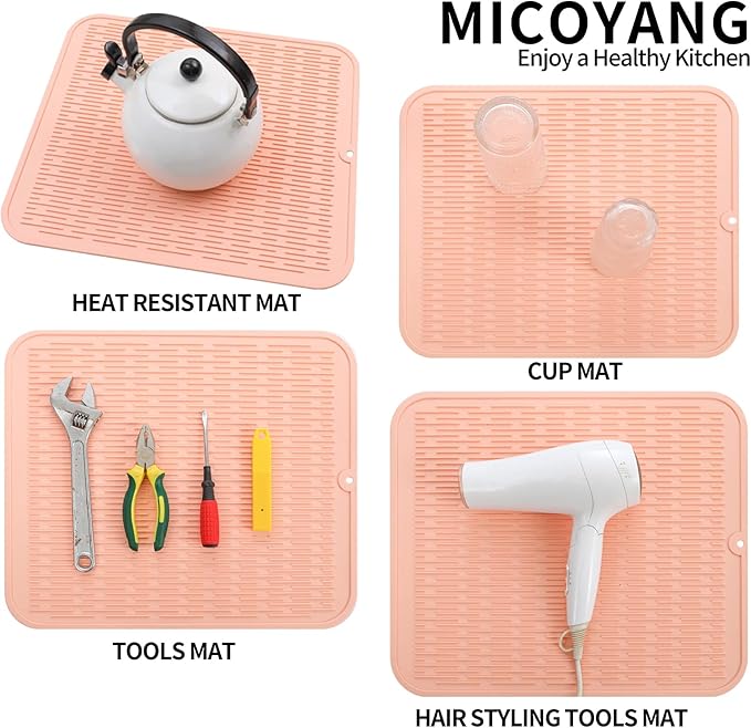 Silicone Dish Drying Mat for Multiple Usage,Easy clean,Eco-friendly,Heat-resistant Silicone Mat for Kitchen Counter or Sink,Refrigerator or Drawer Liner Pink 2XL 24 inches x 18 inches