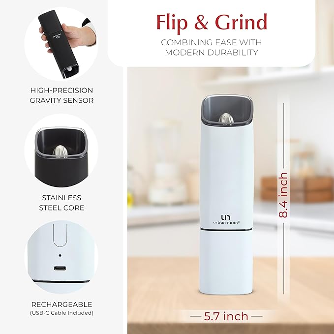 Automatic Salt and Pepper Grinder Set - Rechargeable Electric Salt and Pepper Shakers with Adjustable Coarseness, LED Light, One-Handed Use, Gravity Salt Grinder and Electric Pepper Mill