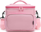 FlowFly Insulated Reusable Lunch Bag Adult Large Lunch Box for Women and Men with Adjustable Shoulder Strap,Front Zipper Pocket and Dual Large Mesh Side Pockets,Pink