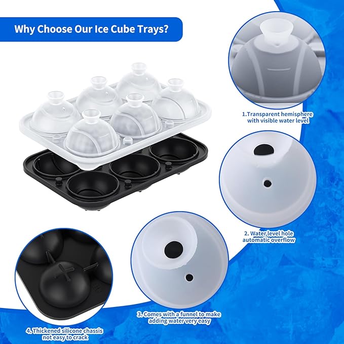 6 Chamber 2.2" 3D Tennis Gifts Ice Cube Tray With Funnel,Large Round Ice Ball Maker Mold Silicone Fun Shapes Bourbon Sphere Ice Molds,For Chilling Whiskey,Cocktails,Bourbon,Brandy and Beverages