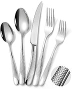 Lemeya 40-Piece Hammered Silverware Set for 8 with Serrated Forging Knives,18/10 Stainless Steel Modern Flatware Set,Unique Cutlery Set Spoons and Forks Set,Mirror Polished,Dishwasher Safe