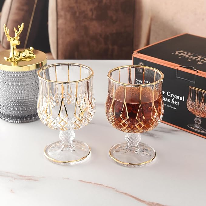 GLASKEY Crystal Brandy and Cognac Snifter Glasses Set of 2-24K Gold Hand Decorated,Short Stem Cognac Glass Brandy Goblets for Bourbon,Scotch,Tequila,Armagnac,Rum,Gift Ideas-7oz