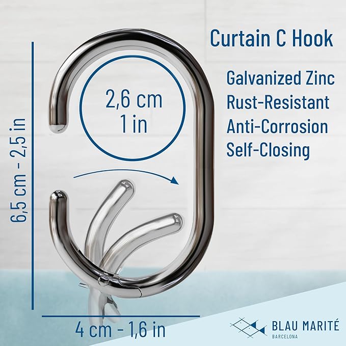 12 Metal Shower Curtain Hooks, Rust-Proof Decorative C-Shaped Curtain Hooks for Bathroom, Chrome Shower Curtain Rings, Fits Rods Up to 1 Inch (C, Silver)