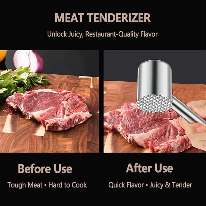 304 Stainless Steel Meat Tenderizer Mallet - Dual-Sided Heavy Duty Kitchen Hammer for Tenderizing & Flattening Steak, Beef, Chicken, Fish & Nuts, Dishwasher Safe with Ergonomic Grip (sliver)