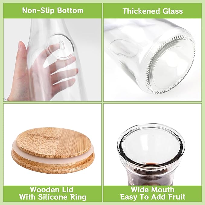 Set of 4 Circular Glass Carafe, 1 Liter Beverage Serveware Carafe with Bamboo Lid, Water Bottles, Clear Glass Pitchers for Mimosa Bar, Milk, Juice, Lemonade(4 Bottles)