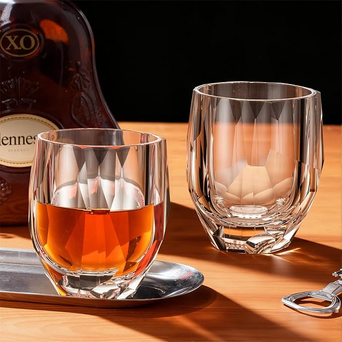 KAMMAK Geometric Faceted Whiskey Glass Modern Crystal Tumbler with Thick Stable Base 7.78 oz Lead-Free Elegant Barware for Scotch, Bourbon, Cocktail, Wine - Ideal Gift & Modern Home Drinkware