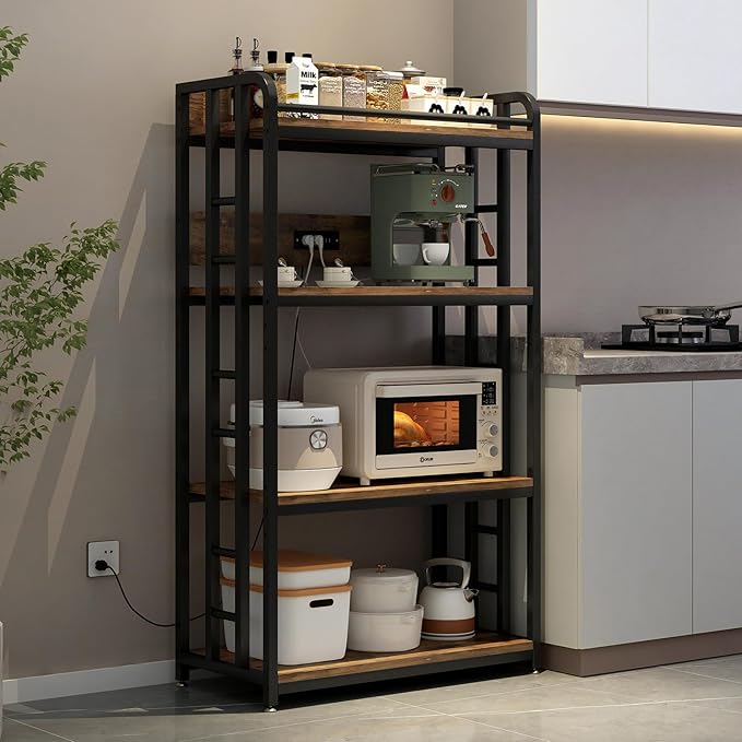 Adjustable 4-Tier Heavy Duty Kitchen Baker's Rack with Power Outlet, with Industrial Wheels, Free Standing Microwave Oven Cart Stand for Storage in Living Room, Garage, Rustic Brown