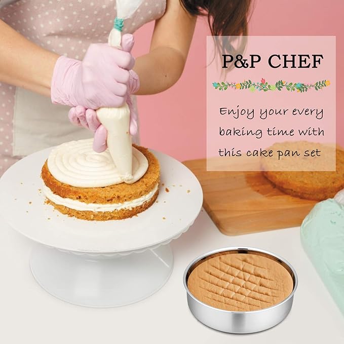 P&P CHEF Cake Pan Set of 4, Stainless Steel Baking Round Cake Pans Tins Bakeware for Birthday Wedding, Leak-proof & Easy Clean, Mirror Finish & Easy Releasing, 8 Inch