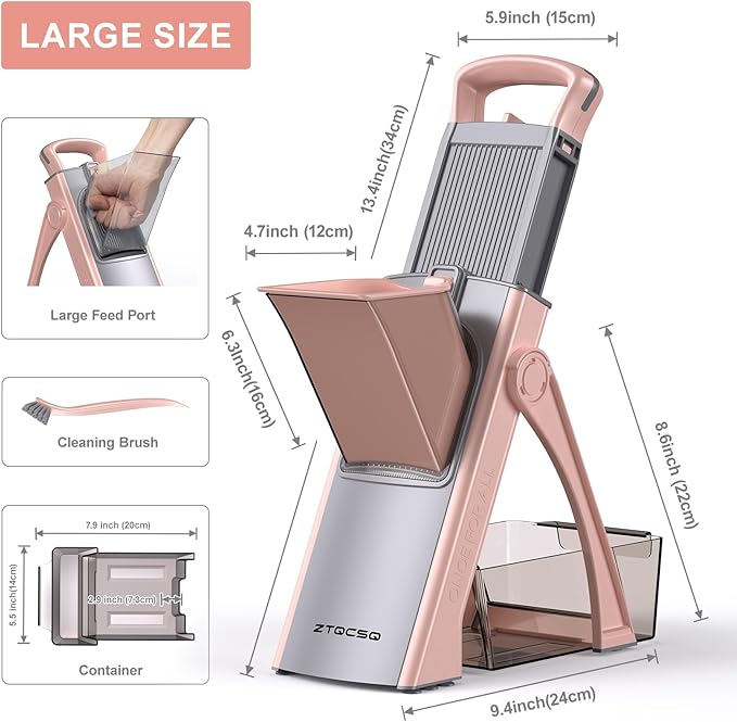 2025 [All in 1] Upgraded Version Safe Mandoline Slicer for Kitchen, Adjustable Thickness. Veggie Slicer, Rapid Prep Mandoline, Detachable Blade, with Cleaning Brush/Paring Knife (GrayPink)