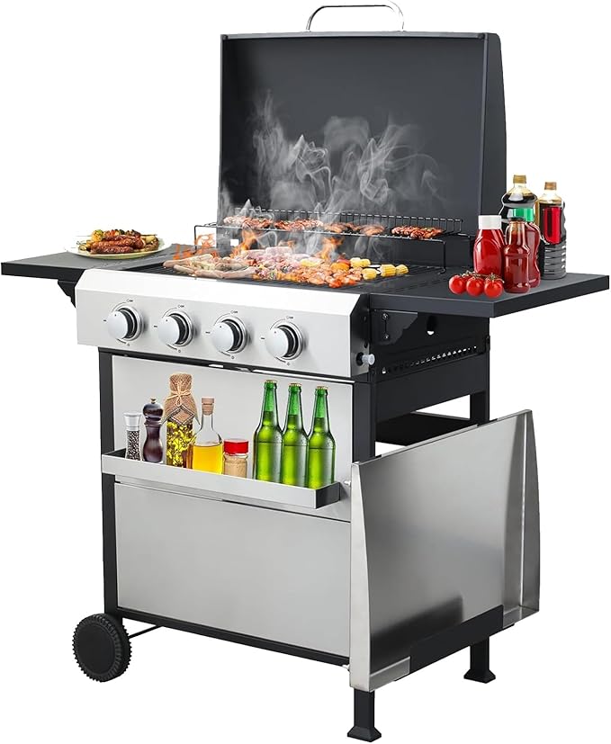 4-Burner Propane Gas BBQ Grill with Plate, 49200 BTU 2 in 1 Propane Griddle Grill Combo with 2 Foldable Side Table for Outdoor Cooking Camping Patio Backyard (4 burner +griddle)