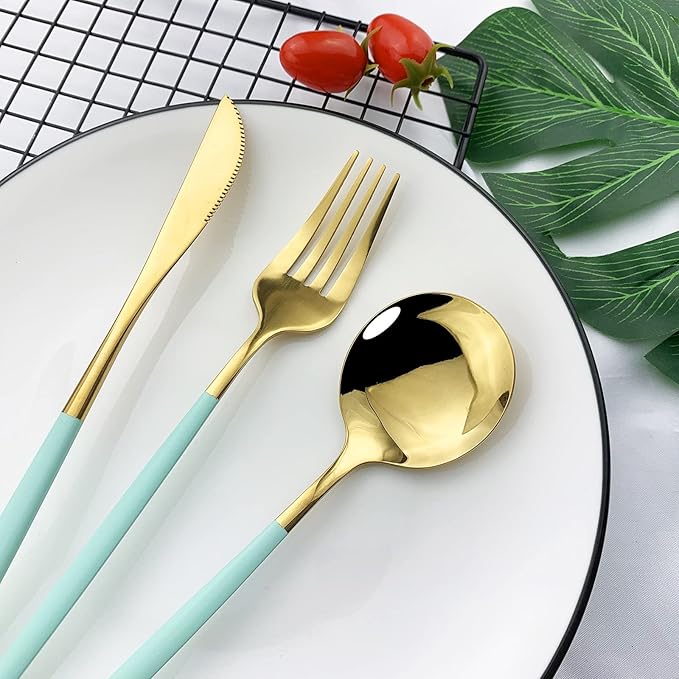 JASHII Flatware Serving Set 24 Piece, Stainless Steel Silverware Set, Mint Green Gold Cutlery, Modern Elegant Tableware for Party, Christmas, Dinner