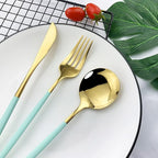 JASHII Flatware Serving Set 24 Piece, Stainless Steel Silverware Set, Mint Green Gold Cutlery, Modern Elegant Tableware for Party, Christmas, Dinner