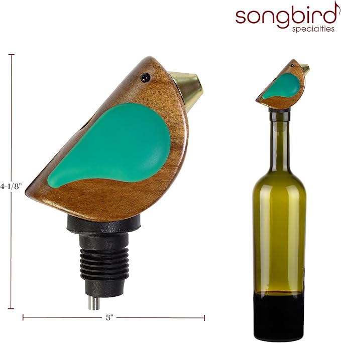 Wine Bottle Pourer, Fun Wine Pourer Spout Sings While It Pours, Airtight Wine Bottle Sealer, Acacia Wood with Turquoise Wings
