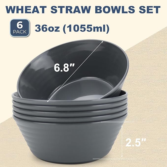 Wheat Straw Bowl Sets,6PCS Unbreakable Cereal Bowl 36 OZ,Microwave and Dishwasher Safe Bowls,Salad Bowls for Dorm,Apartment,Camping,Picnic (Deep Grey)