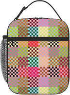 Multicolor Checkered Insulated Lunch Box – Reusable Colorful Checkerboard Lunch Bag for Adults & Kids, Portable Leakproof School Lunch Tote with Detachable Handle
