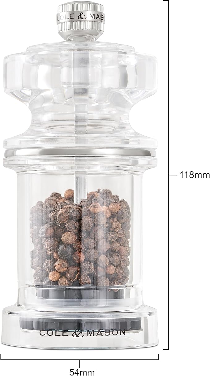 Cole & Mason 675 Refillable Spice Mill - Kitchen & Home Accessory - Table Pepper Grinder - Peppercorn Included - Acrylic - Pepper Mill 4.5"