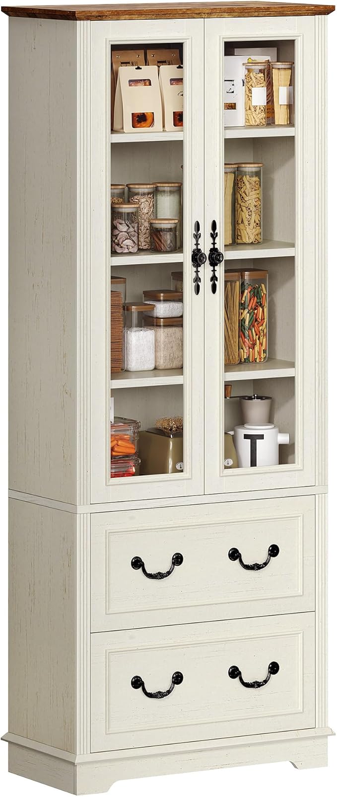 YITAHOME 76'' Kitchen Pantry Cabinet with 2 Drawers, Tall Storage Cabinet with Glass Doors & Adjustable Shelves, Freestanding Display Curio Cabinet for Collectibles, Living Room, Off-White