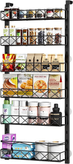MIAOLI Over the Door Organizer, Black 6-Tier Pantry Door Organizer with Adjustable Basket, Hanging Spice Rack Cabinet Door Shelves, Laundry Room Organization and Storage