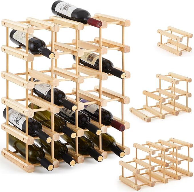 Juexica 12 Bottles Wooden Wine Rack Stackable Modular Storage Racks DIY Assembly Wine Bottle Holder for Inside Cabinet Countertop Cellar Racks(2 Pack)