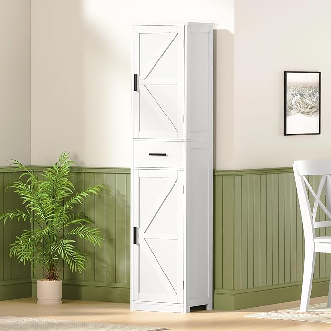 WEENFON Tall Bathroom Cabinet, Storage Cabinet with 6 Shelves & Drawer, Bathroom Storage Cabinet with Adjustable Shelves, Tall Cabinet for Living Room, Home Office, White