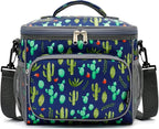 FlowFly Insulated Reusable Lunch Bag Adult Large Lunch Box for Women and Men with Adjustable Shoulder Strap,Front Zipper Pocket and Dual Large Mesh Side Pockets,Cactus