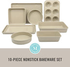 Martha Stewart Gallen 10 Piece Baking Pans Ceramic PFA Free Non Toxic Non Stick Bakeware Set - Taupe