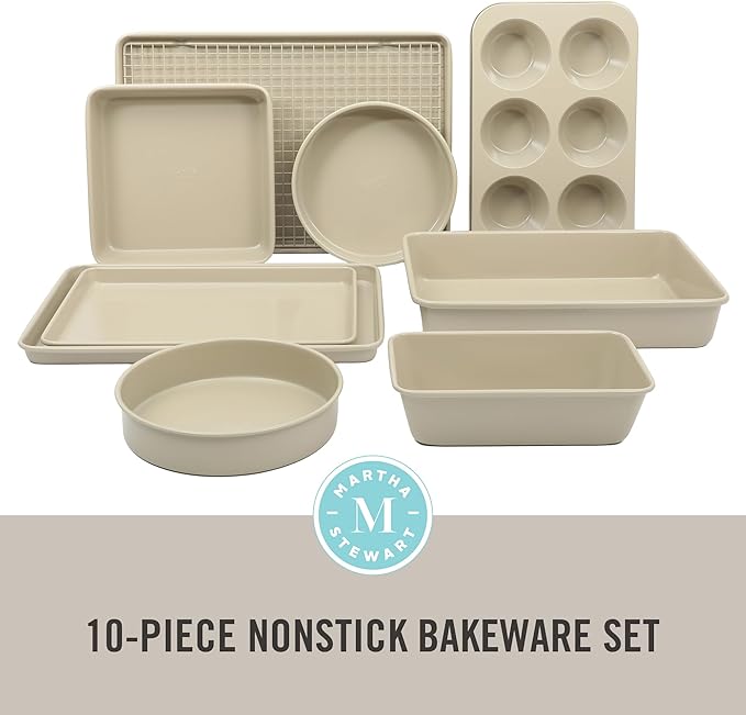 Martha Stewart Gallen 10 Piece Baking Pans Ceramic PFA Free Non Toxic Non Stick Bakeware Set - Taupe