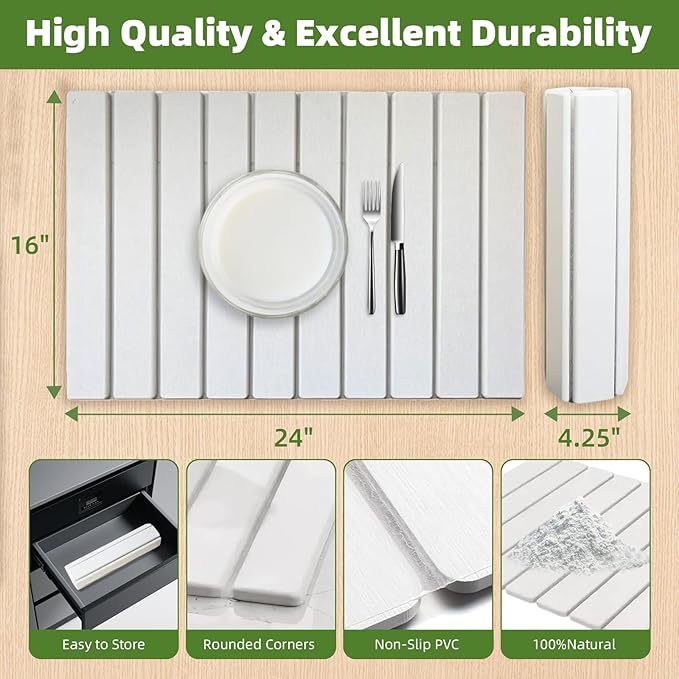 Large Stone Dish Drying Mat for Kitchen Counter,Foldable Water Absorbing Diatomaceous Earth Dish Drying Mat,Quick Dry Stone Dishes Mats for Countertop Bottles Utensils Cups,24"L x 16"W