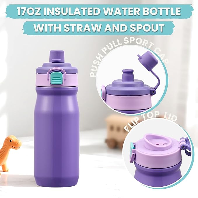 Kids Lunch Bento Box with Thermo Ice Pack Food Container with Insulated Lunch Bag, Insulated Water Bottle with Straw for Girls Boys, Purple