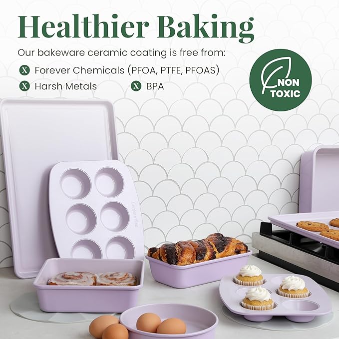 Larder & Vine 8-Piece Bakeware Set | Non-Stick Baking Set with Ceramic Finish | PFAS, PFOA, PTFE, and BPA Free Baking Essentials | Baking Sheets, Muffin Tins and Assorted Baking Pans | Lavender