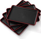 Rtteri Set of 4 Large Serving Platter Set 15/14/13/12 Inch Heavy Plastic Serving Trays Unbreakable Rectangular Platter Reusable Wood Grain Tray for Buffet Wedding Christmas Party(Black and Red)