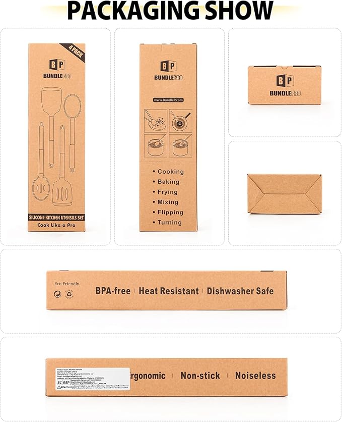 Pack of 4 Silicone Cooking Utensils Set, Non Stick Large Solid Spatulas, Heat Resistant Blue Slotted Spoons, Ideal BPA Free Kitchen Turners for Frying, Mixing,Serving,Draining,Turning,Stirring