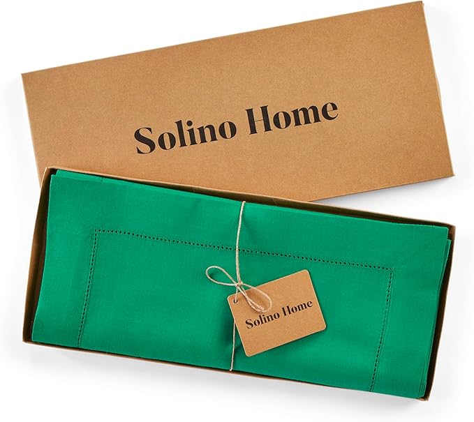 Solino Home Linen Emerald Green Hemstitch Table Runner 60 Inches - 100% Pure Linen Small Table Runner 14 x 60 Inch Ideal for Dresser and Coffee Tables - Classic Hemstitch