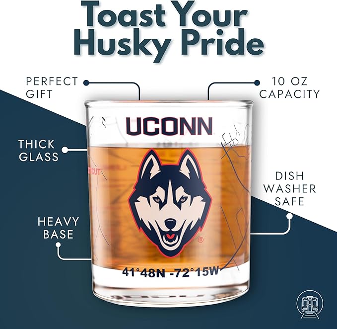 Greenline Goods – University of Connecticut Huskies College Whiskey Glasses (Set of 2), 10 oz – Full-Color Logo + Campus Map