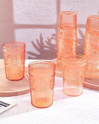 Ciaell 12 Pack Romantic Plastic Water Glasses - 14 Oz Amber Vintage Drinking Glasses, Embossed Ribbed Plastic Cups, Textured Striped Set for Juice, Beverages, Beer, Cocktai & Thanksgiving