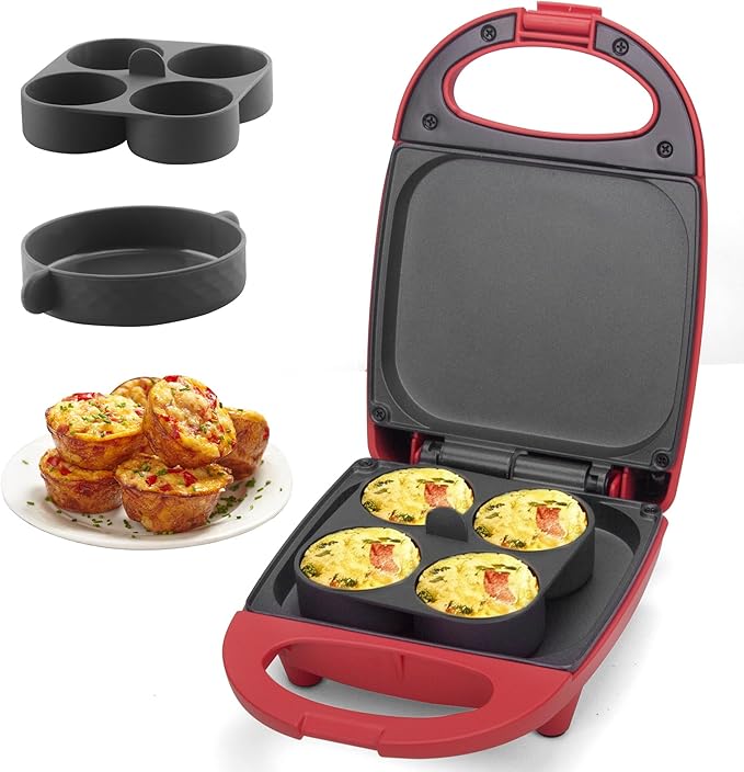 Egg Bite Maker with 2 Silicone Egg Molds for Breakfast Sandwiches, Breakfast Maker, Omelet Pan, Healthy Snacks or Desserts, Red