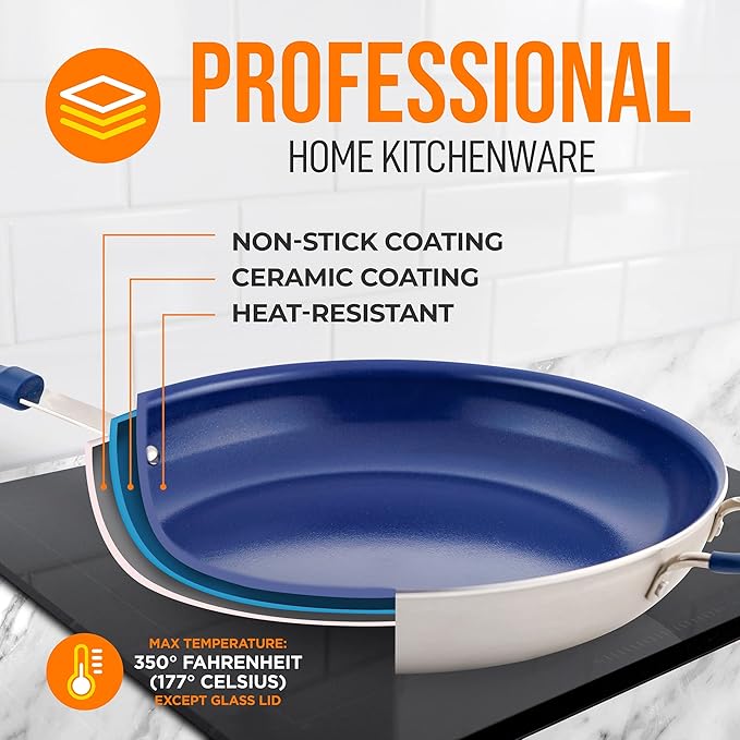 NutriChef 14" Extra Large Fry Pan - Skillet Nonstick Frying Pan with Silicone Handle, Ceramic Coating, Blue Silicone Handle, Stain-Resistant And Easy To Clean, Professional Home Cookware