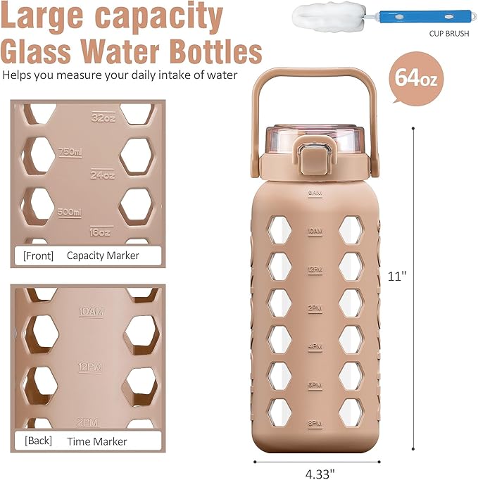 MUKOKO Half Gallon/64 oz Glass Water Bottles with Straw and Lid,Motivational Water Jug with Time Marker Reminder and Silicone Sleeve,100% Leakproof BPA Free Fitness Sports Large Bottle-Amber