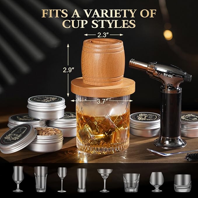 G GOOD GAIN Whiskey Smoker Kit with Torch - Old Fashioned Cocktail Smoker Kit with 6 Flavors Wood Chips | Drink Bourbon Infuser Set with 4 Stainless Steel Ice Stone for Men, Dad (No Fuel Included)