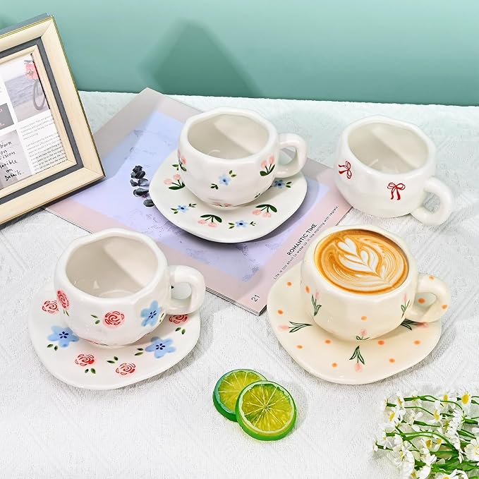Koythin Ceramic Coffee Mug with Saucer Set, Cute Creative Pink and Blue Floral Cup Unique Irregular Design for Office and Home, 10 oz/300 ml for Latte Tea Milk