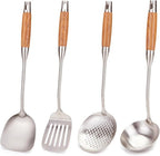 FJNATINH Wok Utensils - Wok Spatula Metal Set, 4-Pieces 14-15 Inch Extra Long, Wok Tools Professional Set, Wooden Handle Skimmer, Soup Ladle, Slotted Turner