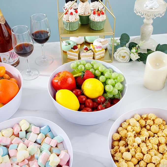 Hioasis 8 Pack Plastic Serving Bowls 128oz White Plastic Bowls Heavy Duty Disposable Serving Bowls for Party Snack & Salad & Candy & Bar Buffet