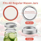 Aliggbent Canning Lids 200 PCS Mason Canning Jar Lids 70MM Regular Mouth Reusable Leak Proof Split Type Lids Food Grade and Anti-Rust Silver Jar Secure Caps and Bands with Silicone Seals Ring