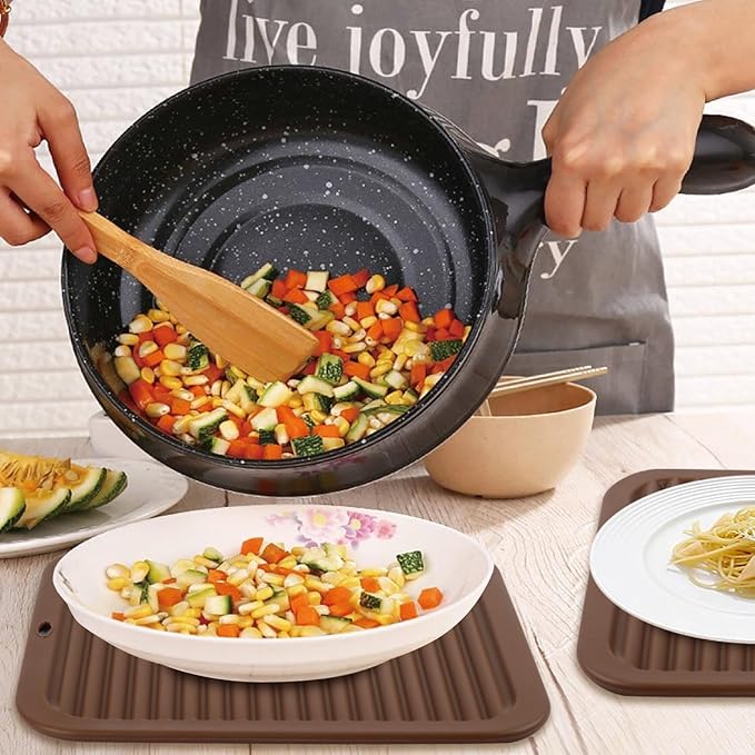 4 Pack Silicone Trivets for Hot Dishes Large 446°F Heat Resistant Pot Holder Hot Pads for Kitchen 9'' x 12' Brown Silicone Trivet Mat for Hot Pots and Pans, Jar Opener, Drying Mat