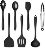 Herogo Silicone Cooking Utensils Set, 7-Piece Kitchen Utensils Set, Heat Resistant Cooking Gadget Tools Slotted Turner, Spoon, Soup Ladle, Pasta Server, Spatula, Tongs for Nonstick Cookware, Black