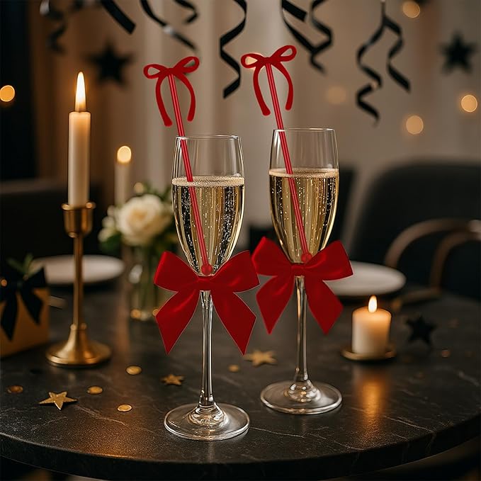 30 Pcs 6 Inch Bow Drink Stirrers, Bow Stir Sticks Coffee Stirrers Reusable Plastic Swizzle Sticks for Wedding Birthday Bridal Cocktail Decorations Supplies(Red)