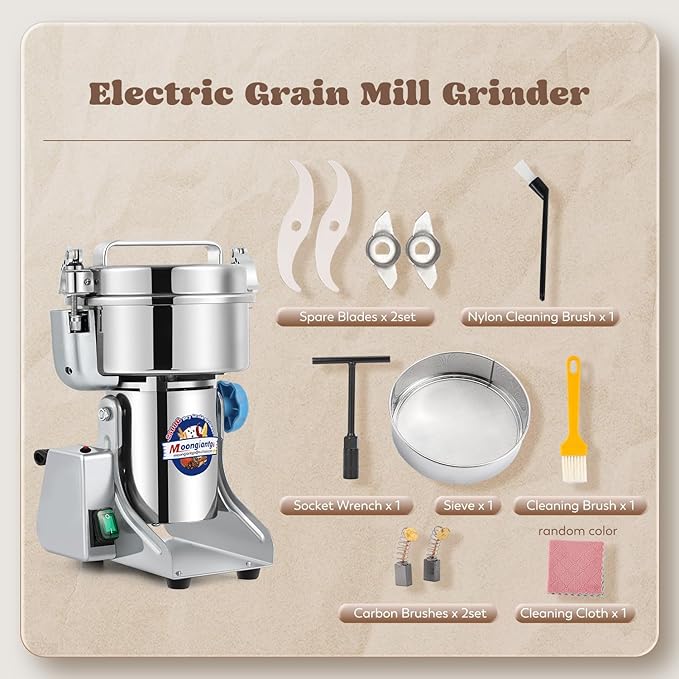 Moongiantgo 2500g Safety Grain Mill Grinder 3700W High-speed Electric Stainless Steel Dry Spice Grinder Pulverizer for Wheat Corn Rice Pepper Herbs Coffee Beans Dried Mushrooms, 110V