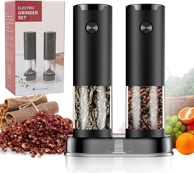 Electric Pepper Grinder Set (2 Pcs) Adjustable Coarseness & One-Touch Grinding with LED Light – Battery-Powered, Large Capacity & Ceramic Blades for Effortless Seasoning